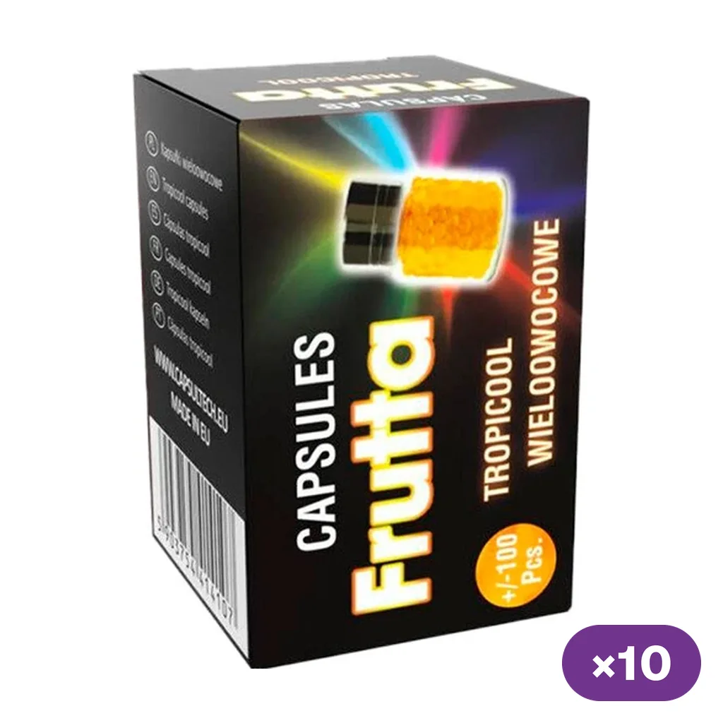 Caja negra de cápsulas Frutta Tropicool con dibujo de un frasco amarillo, destellos de colores y distintivo de 10 unidades.