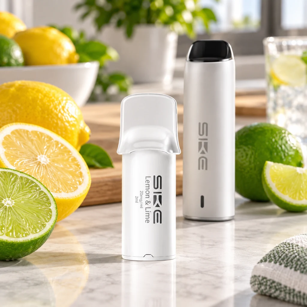 Cartucho blanco SKE Lemon & Lime con cubierta translúcida junto a un vapeador blanco, rodeados de limones y limas sobre una encimera.