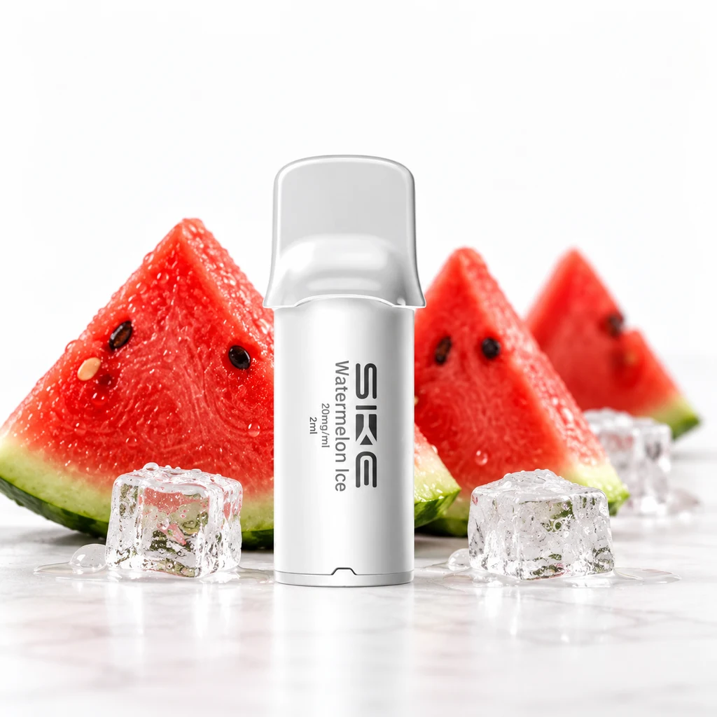 Pod SKE blanco con cubierta translúcida y texto Watermelon Ice, colocado entre rodajas de sandía y cubitos de hielo.