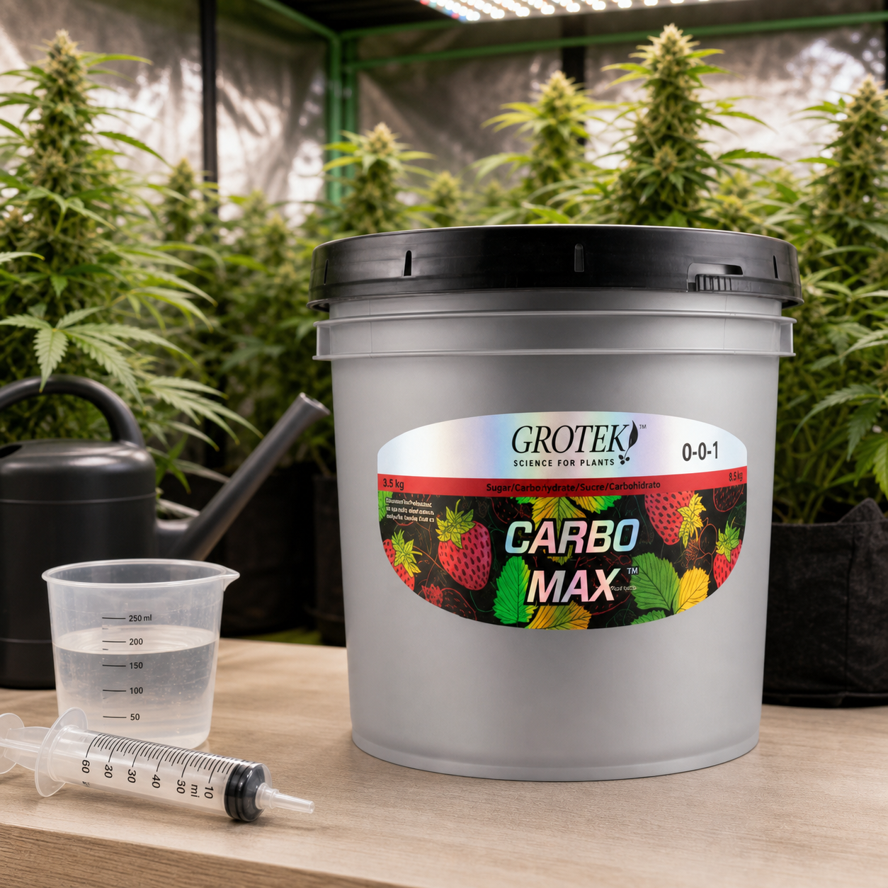 Cubo de Carbo Max Grotek con tapa negra sobre una mesa, junto a un vaso medidor y una jeringa, con plantas de cannabis al fondo. Cubo de Carbo Max Grotek con tapa negra sobre una mesa, junto a un vaso medidor y una jeringa, con plantas de cannabis al fondo.