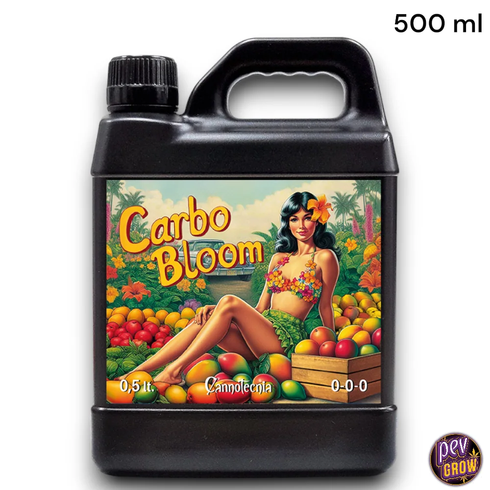 Garrafa negra de Carbo Bloom Cannotecnia con asa y tapón, y etiqueta tropical con una mujer entre frutas; texto de 500 ml en la esquina superior.