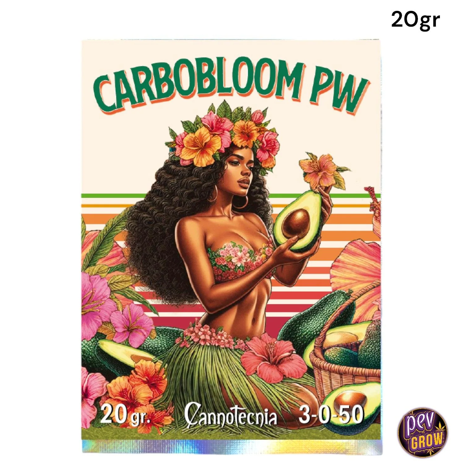 Envase de Carbobloom PW con ilustración de una mujer sosteniendo un aguacate entre flores; textos visibles «20 gr.» y «3-0-50».