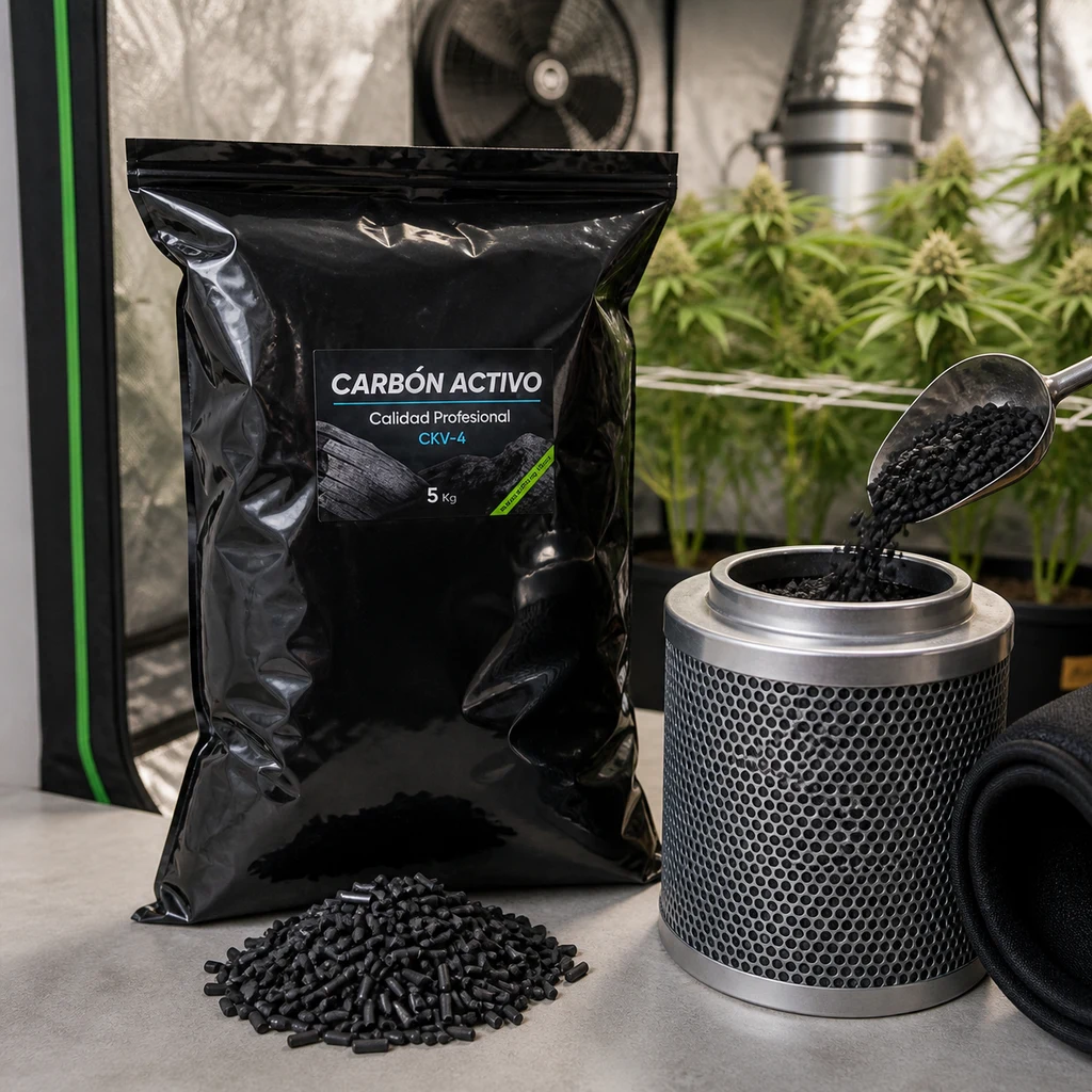 Bolsa de carbón activo de 5 kg junto a un filtro cilíndrico abierto, con una pala vertiendo gránulos y plantas al fondo.