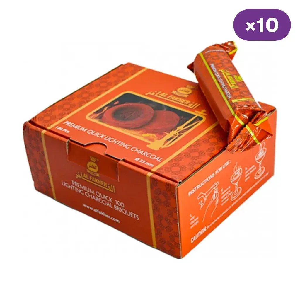Caja naranja de carbón para cachimba Al Fakher con envoltorios alargados encima y un distintivo morado que indica diez unidades.