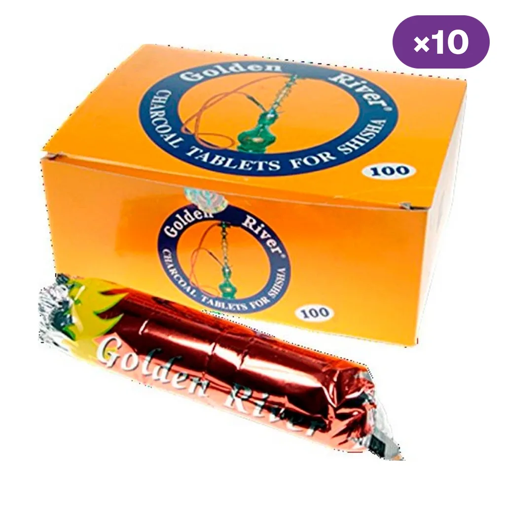 Caja naranja de carbón Golden River junto a un rollo envuelto en rojo, con dibujos de cachimbas y un indicador ×10. Caja naranja de carbón Golden River junto a un rollo envuelto en rojo, con dibujos de cachimbas y un indicador ×10.