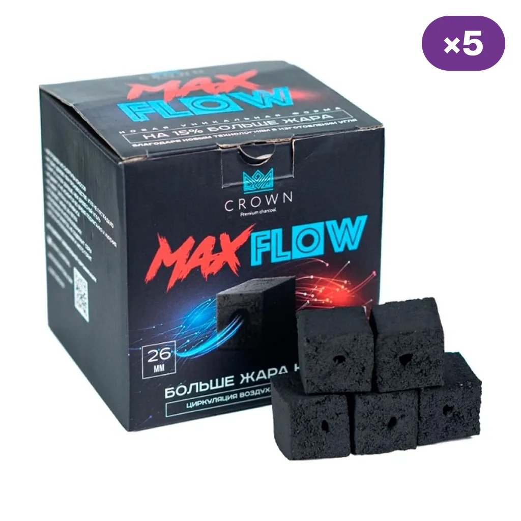 Caja negra Crown Max Flow junto a varios cubos de carbón negros con orificio central y un distintivo morado «×5». Caja negra Crown Max Flow junto a varios cubos de carbón negros con orificio central y un distintivo morado «×5».