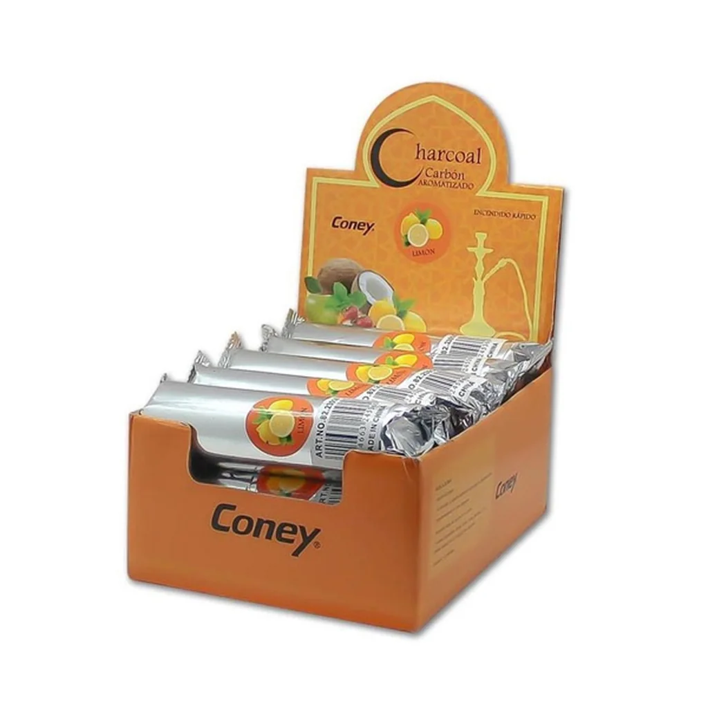 Expositor naranja de carbón para cachimba Coney con varios rollos plateados y dibujos de limón y una cachimba. Expositor naranja de carbón para cachimba Coney con varios rollos plateados y dibujos de limón y una cachimba.