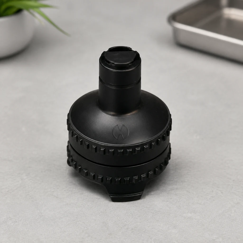 Pieza negra de base circular con bordes dentados y cuello elevado sobre una encimera gris, con una bandeja metálica al fondo.