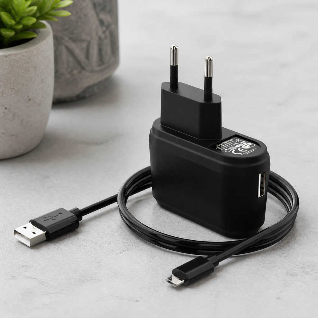 Adaptador Crafty Charger negro con clavija europea, puerto USB lateral y cable USB sobre una superficie gris junto a unas macetas.