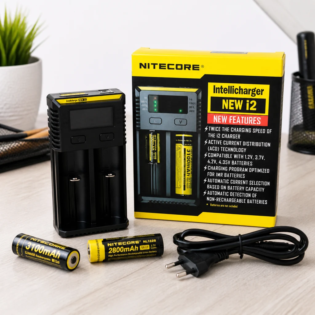 Cargador Nitecore New i2 junto a su caja y cable de enchufe, con baterías de distintos formatos rotuladas 3100 mAh y 2800 mAh.