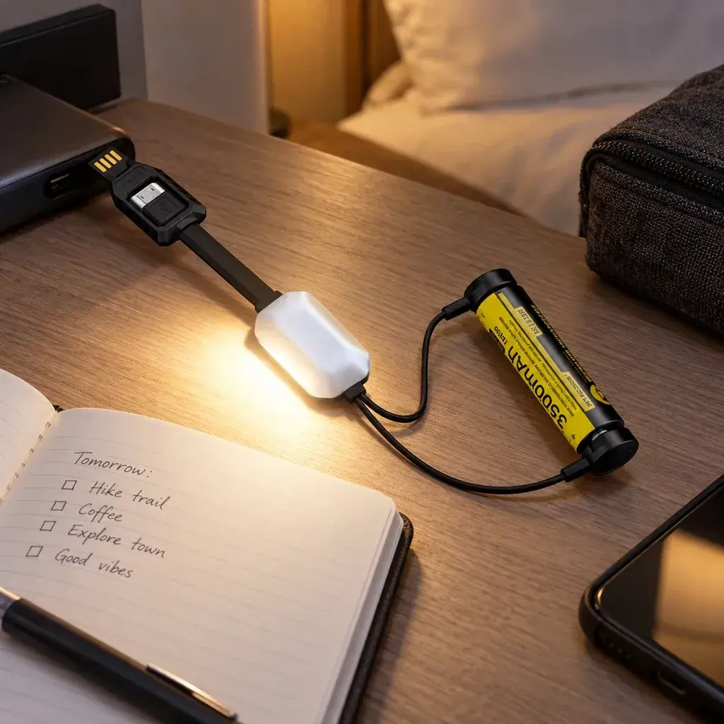 Escena generada del Nitecore LC10 conectado a una batería cilíndrica, con luz encendida sobre una mesa junto a un cuaderno y un móvil.