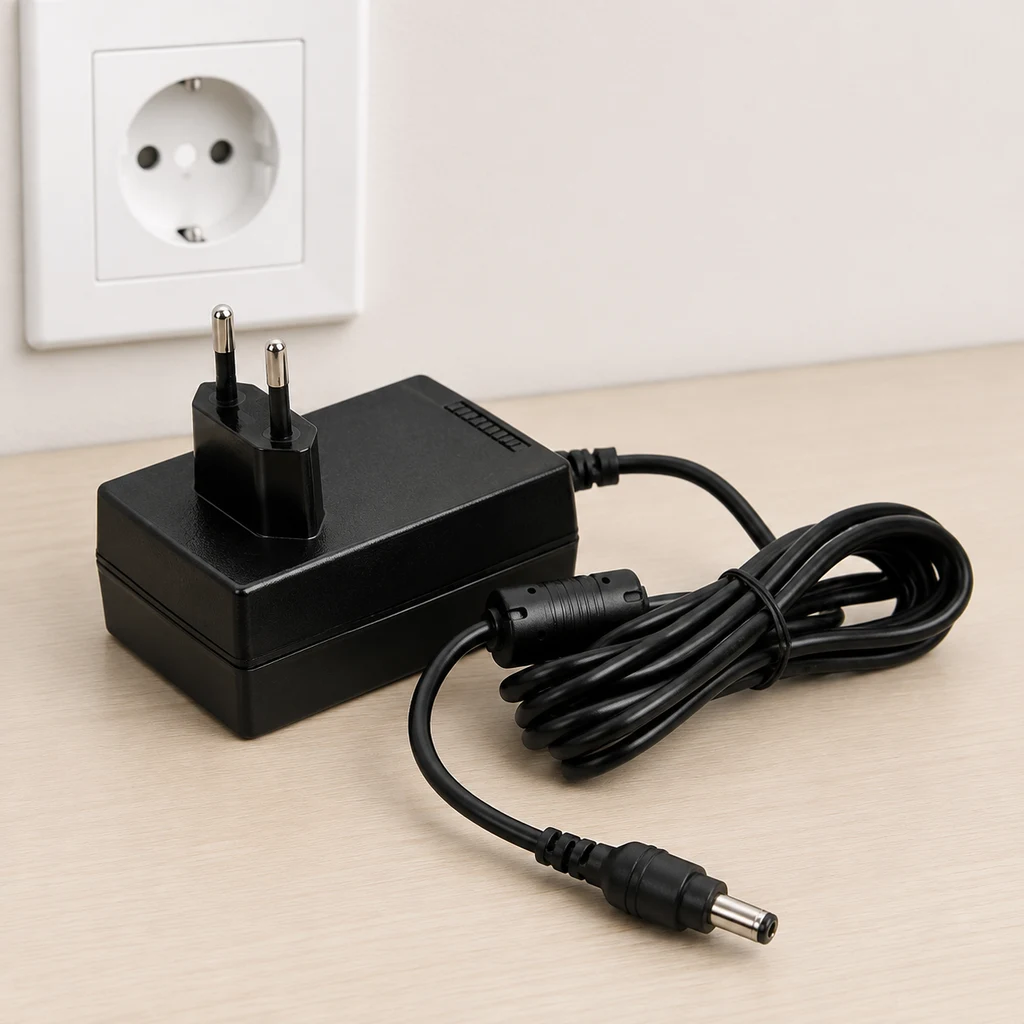 Cargador negro con enchufe europeo, cable enrollado y conector cilíndrico sobre una mesa clara, junto a una toma de pared.