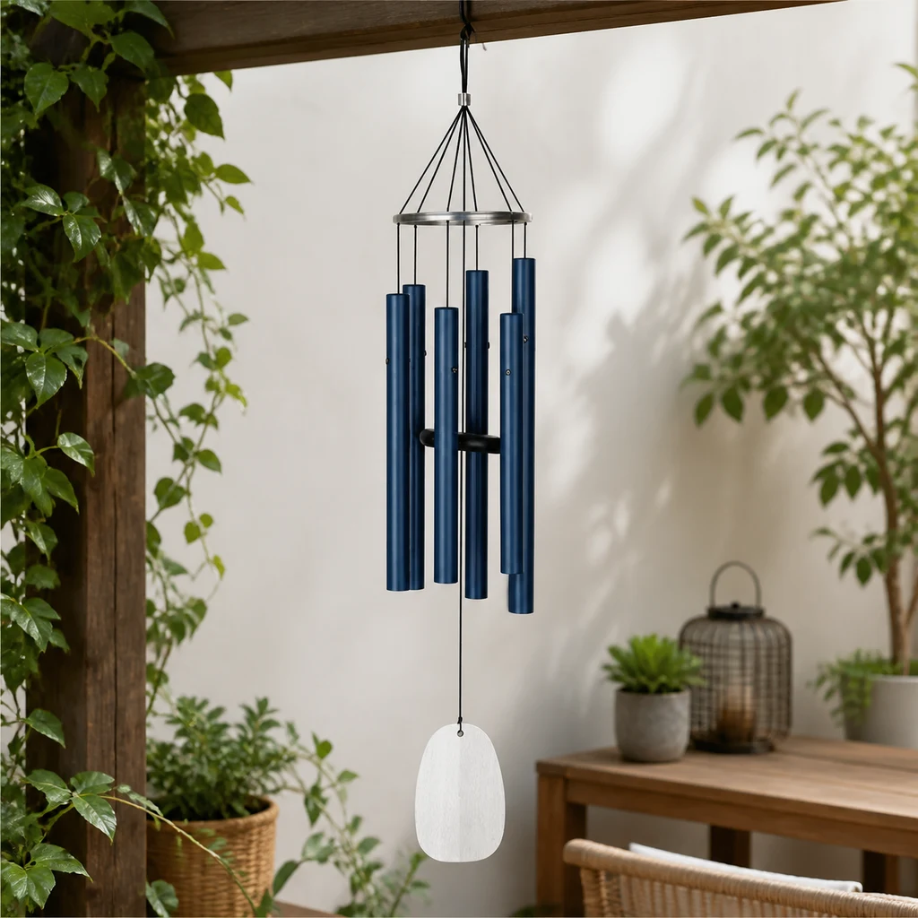 Carrillón Paradise de tubos azules y veleta blanca, colgado de una viga de madera en un patio con plantas. Carrillón Paradise de tubos azules y veleta blanca, colgado de una viga de madera en un patio con plantas.