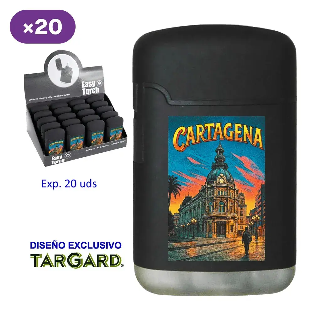 Encendedor negro con base plateada e ilustración urbana de Cartagena, junto a un expositor de varias unidades y la indicación de caja de 20.