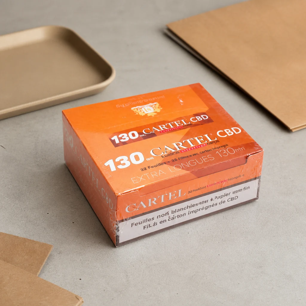 Caja naranja de papel de liar Cartel CBD con la inscripción «Extra Longues 130 mm», sobre una mesa gris junto a papeles marrones.