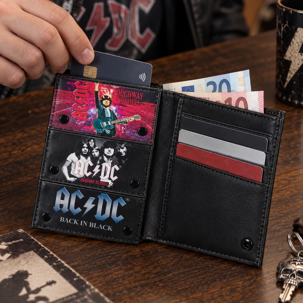 Cartera negra AC/DC abierta sobre una mesa, con estampados del grupo, billetes y tarjetas; una mano sostiene una tarjeta junto al bolsillo.