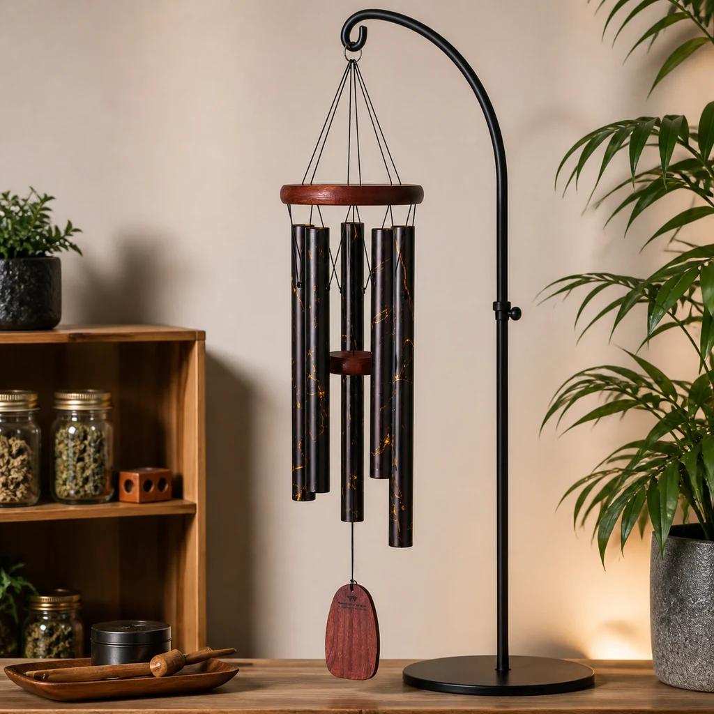 Cascabel decorativo de tubos negros con vetas doradas, suspendido de un soporte curvo sobre una mesa entre plantas.
