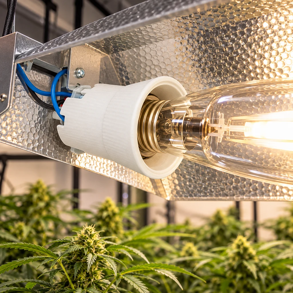 Primer plano de un casquillo cerámico blanco en un reflector metálico, con bombilla encendida y cables visibles sobre plantas de cannabis.