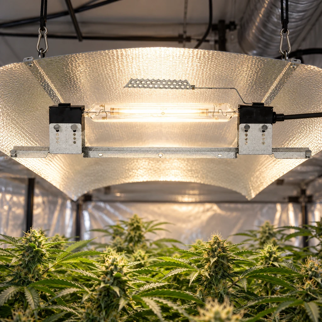 Escena generada de un reflector suspendido con lámpara tubular encendida sobre plantas de cannabis en un cultivo interior.