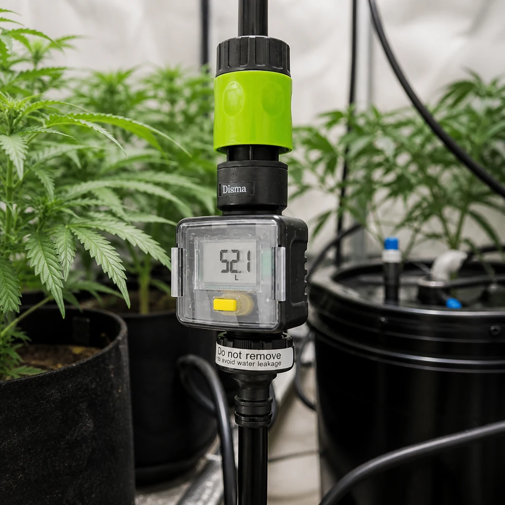 Monitor digital de flujo conectado a una tubería, con pantalla que marca 52,1 L y conector verde, entre plantas en un cultivo interior. Monitor digital de flujo conectado a una tubería, con pantalla que marca 52,1 L y conector verde, entre plantas en un cultivo interior.