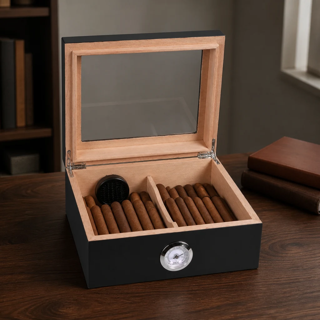 Humidor negro abierto con ventana en la tapa, interior de madera, varios puros y un higrómetro circular frontal sobre una mesa. Humidor negro abierto con ventana en la tapa, interior de madera, varios puros y un higrómetro circular frontal sobre una mesa.