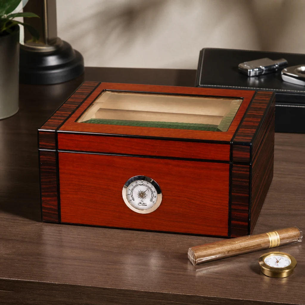 Escena generada de un humidor marrón con ventana superior e higrómetro frontal sobre un escritorio, junto a un puro. Escena generada de un humidor marrón con ventana superior e higrómetro frontal sobre un escritorio, junto a un puro.