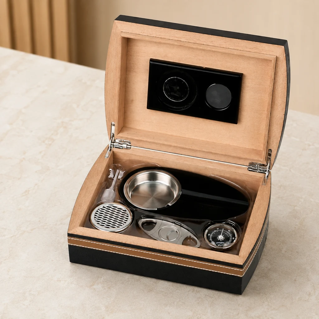 Estuche humidor abierto sobre una mesa, con interior de madera, accesorios metálicos, cortapuros y un indicador circular. Estuche humidor abierto sobre una mesa, con interior de madera, accesorios metálicos, cortapuros y un indicador circular.