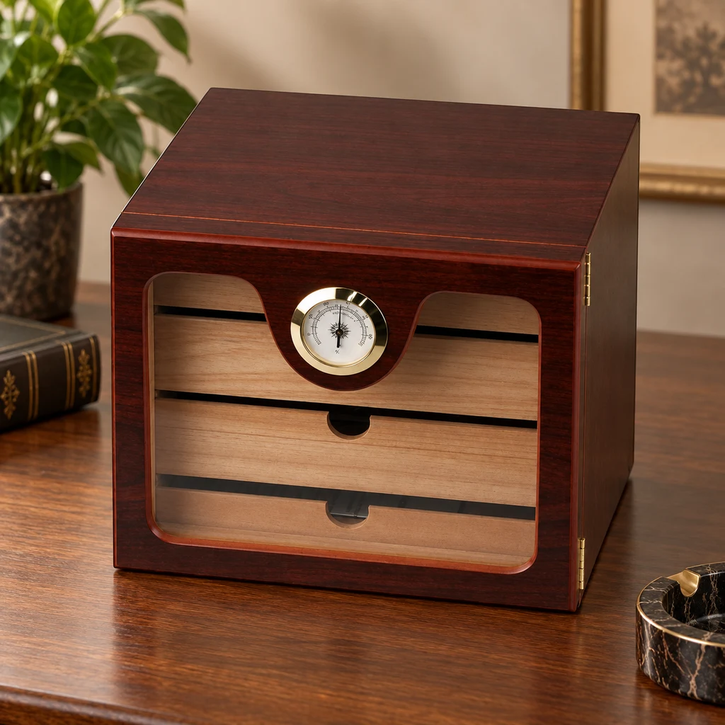 Humidor de acabado marrón rojizo con frontal transparente, cajones claros e higrómetro circular, sobre una mesa. Humidor de acabado marrón rojizo con frontal transparente, cajones claros e higrómetro circular, sobre una mesa.