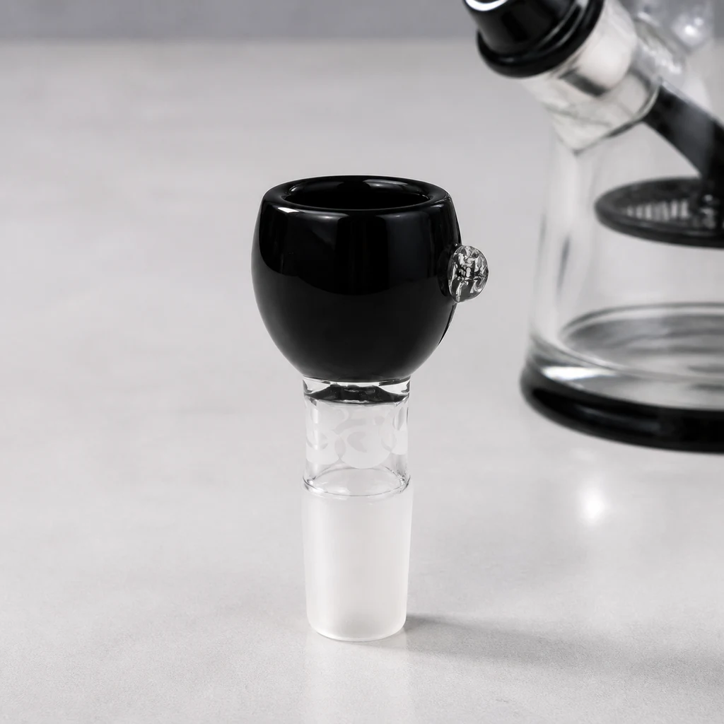 Cazoleta de cristal negra con abertura superior, saliente lateral transparente y conector esmerilado, junto a una pipa de agua.