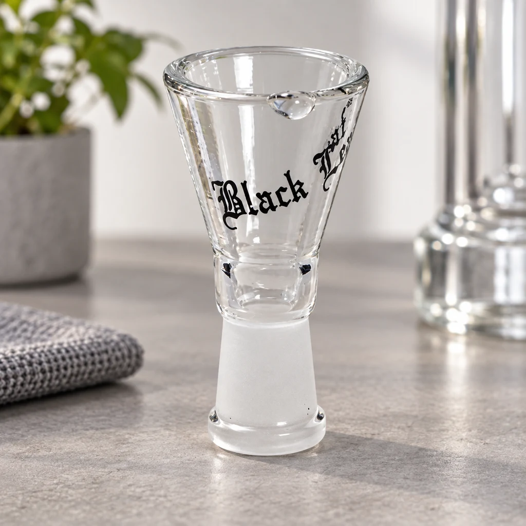 Cazoleta de cristal transparente Black Leaf con copa ensanchada, pequeño saliente en el borde y conexión inferior esmerilada sobre una encimera.