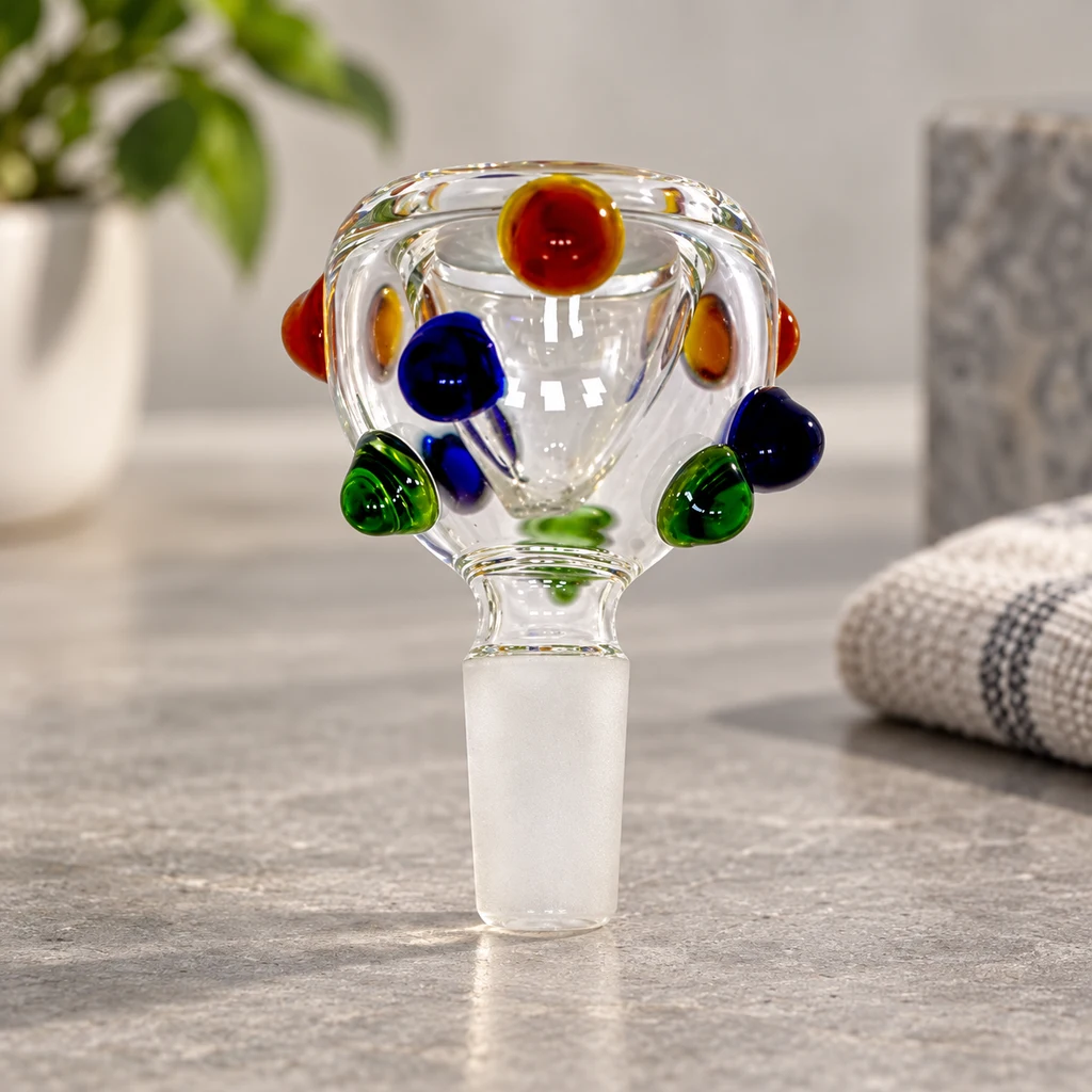 Cazo de cristal transparente con cuentas salientes rojas, azules y verdes y conector esmerilado, sobre una encimera gris.