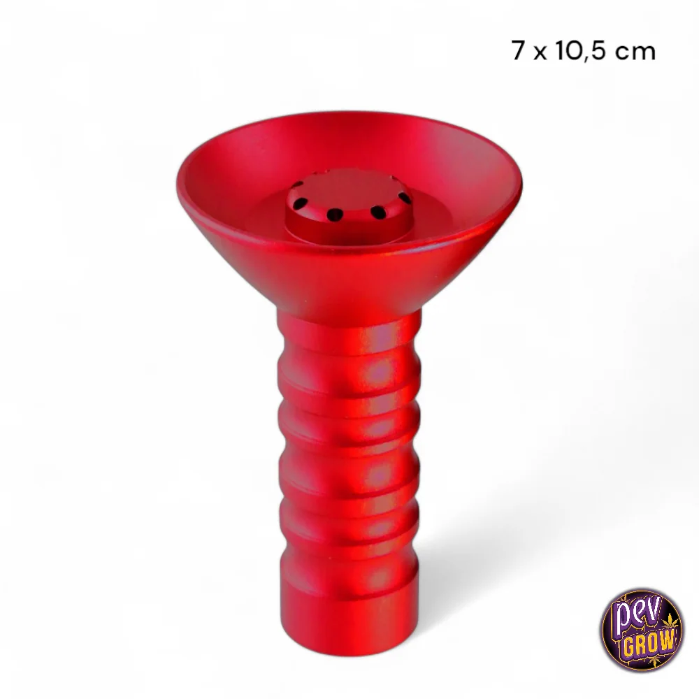 Cazoleta HORUS roja de 7 × 10,5 cm, con copa ancha, pieza central perforada y base tubular con relieves, sobre fondo blanco.