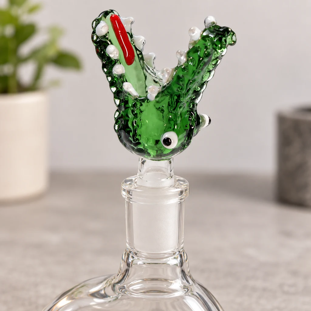 Cazoleta de cristal con forma de cabeza de cocodrilo verde, boca abierta, dientes blancos y detalle rojo, sobre una conexión transparente.