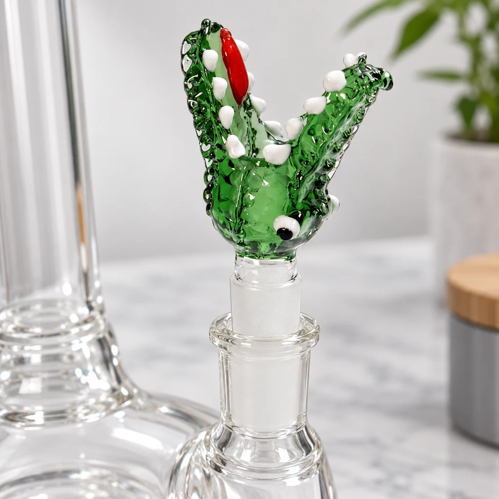 Cazoleta verde con forma de cocodrilo, boca abierta, dientes blancos y lengua roja, encajada en una pipa de agua transparente.
