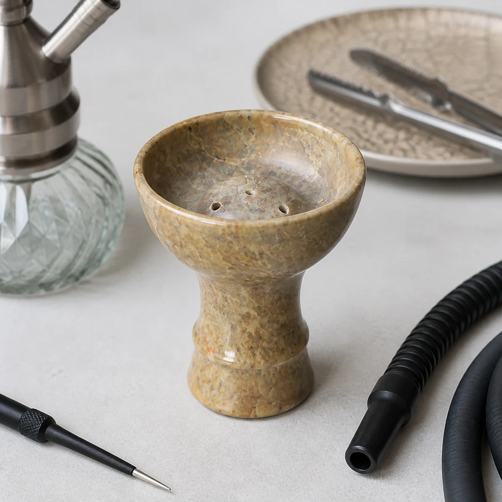 Cuenco de cachimba de cerámica con acabado moteado beige y orificios interiores, junto a una manguera negra, pinzas y base de cristal. Cuenco de cachimba de cerámica con acabado moteado beige y orificios interiores, junto a una manguera negra, pinzas y base de cristal.