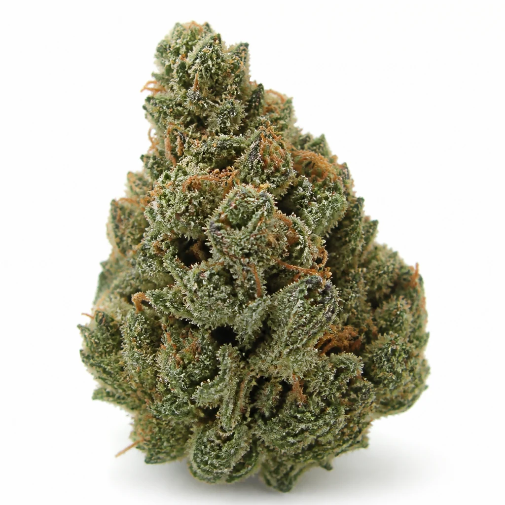 Ilustración de un cogollo verde de forma cónica, con pistilos naranjas, para la ficha de CBD+ Black Widow Feminizada de Positronics Seeds.