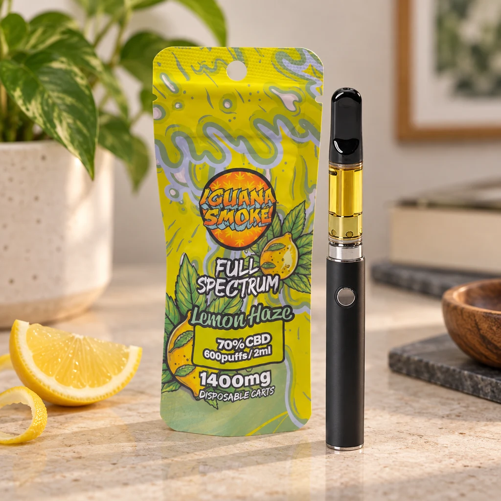 Cartucho Iguana Smoke Lemon Haze con líquido amarillo, montado sobre un dispositivo negro junto a su envase y un gajo de limón.