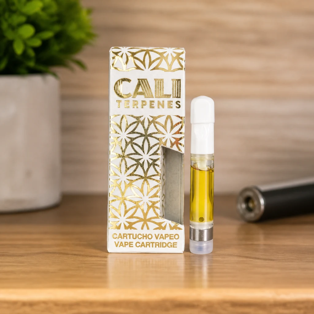 Cartucho de Cali Terpenes con líquido amarillo y boquilla blanca junto a su caja blanca con motivos dorados sobre una mesa.