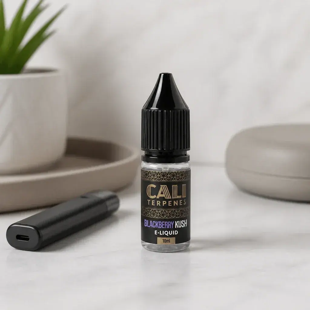 Frasco de e-liquid Blackberry Kush Cali Terpenes de 10 ml con tapón negro, sobre una mesa junto a un dispositivo de vapeo.