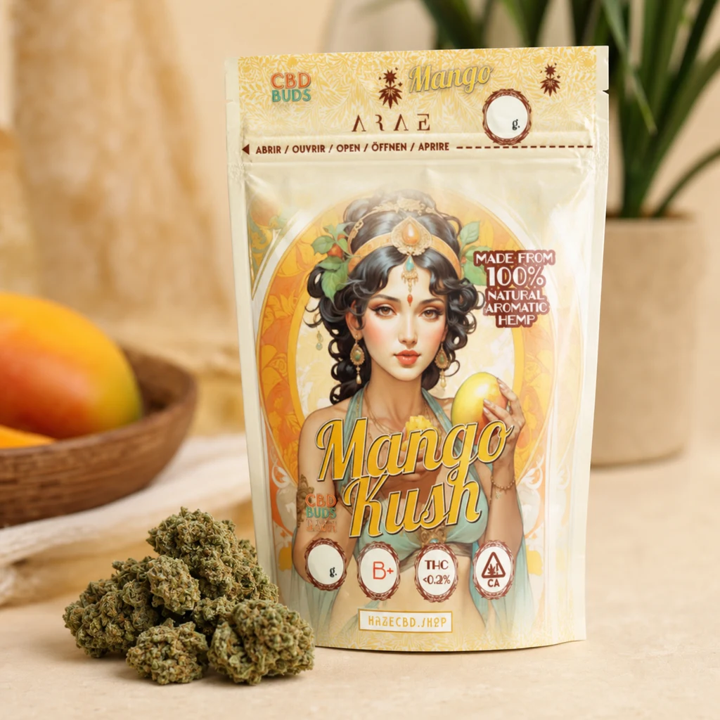 Bolsa de CBD Mango Kush con una mujer ilustrada sosteniendo un mango, junto a varios cogollos sobre una mesa y fruta al fondo.