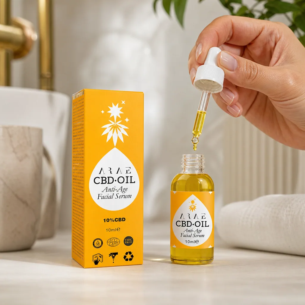 Una mano sostiene un cuentagotas con líquido amarillo sobre un frasco abierto ARAE CBD-OIL, junto a su caja amarilla. Una mano sostiene un cuentagotas con líquido amarillo sobre un frasco abierto ARAE CBD-OIL, junto a su caja amarilla.