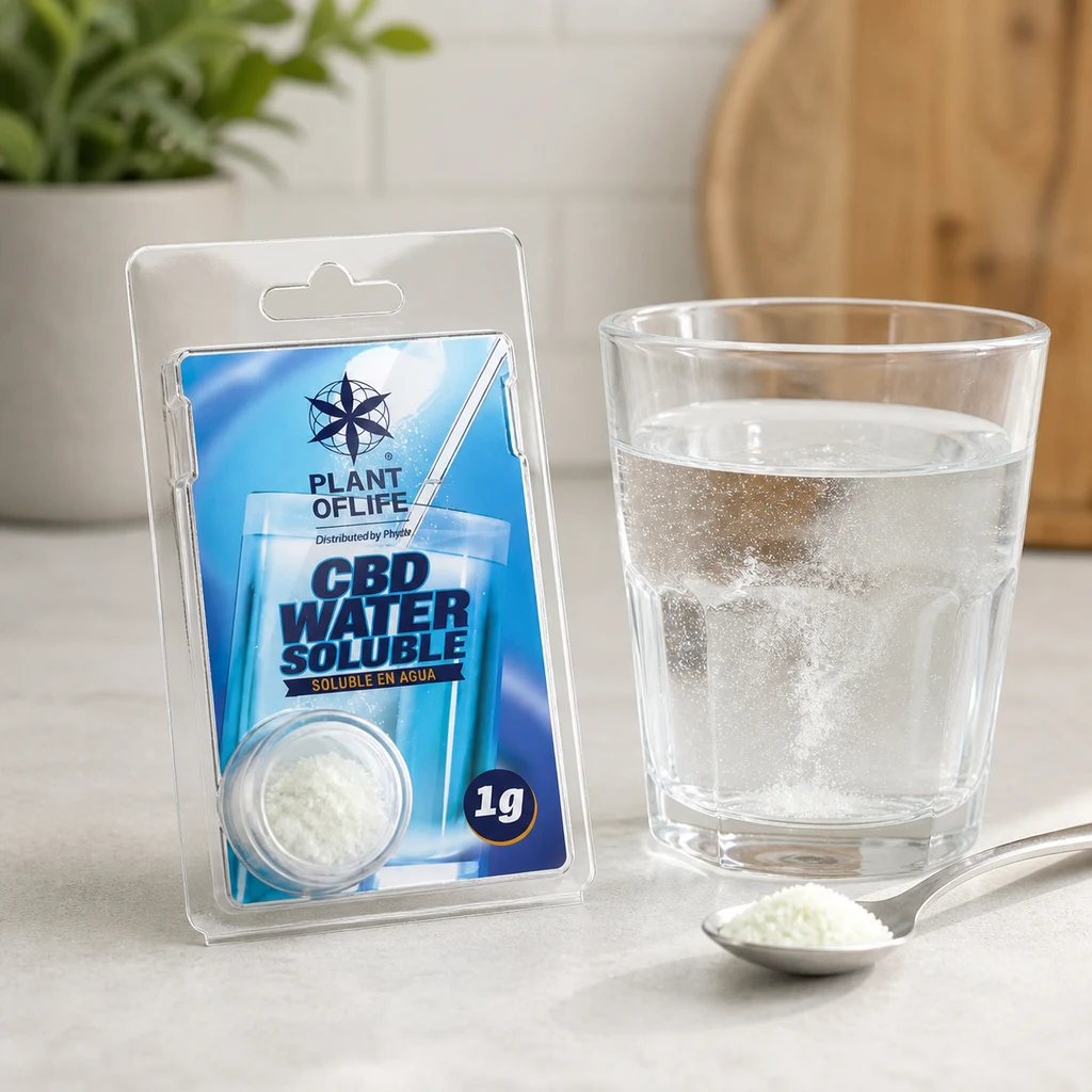 Envase de CBD hidrosoluble Plant of Life de 1 g junto a un vaso con agua y una cucharilla con polvo blanco sobre una encimera.