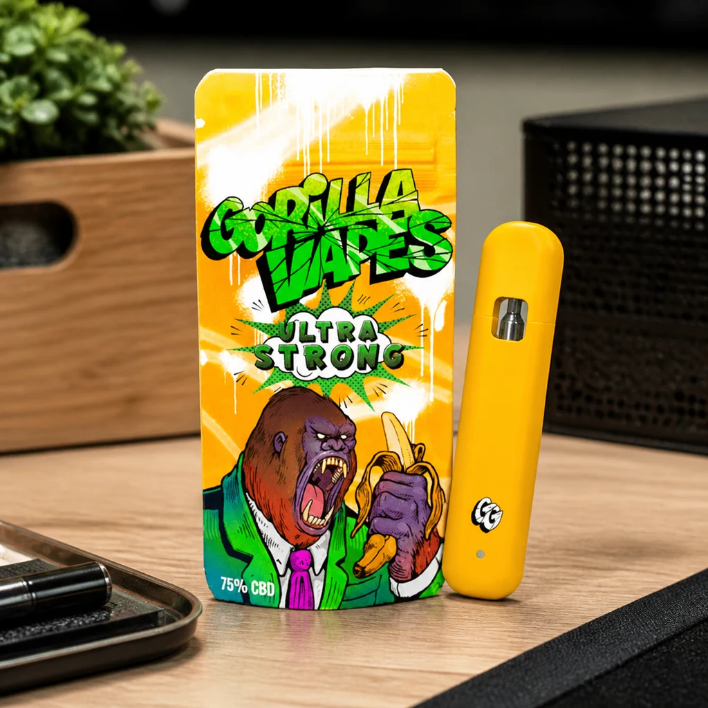 Vaper amarillo junto a un envase Gorilla Vapes con texto «75 % CBD» y un gorila ilustrado sosteniendo un plátano, sobre una mesa.