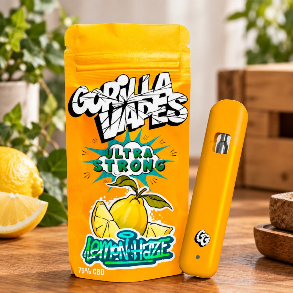 Vapeador amarillo junto a una bolsa amarilla con los textos Gorilla Vapes, Lemon Haze y 75% CBD, sobre una mesa con limones.