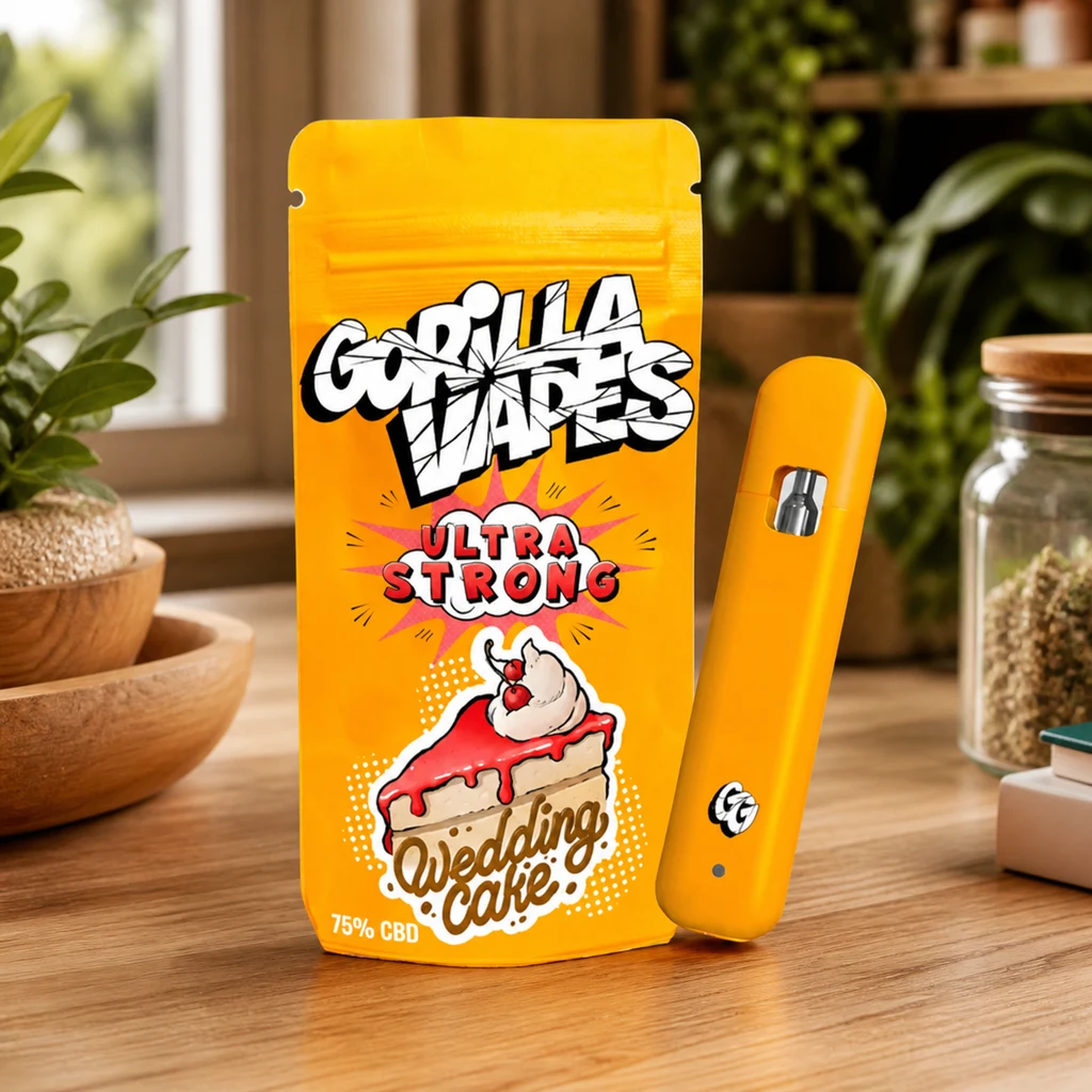 Vapeador amarillo junto a una bolsa Gorilla Vapes Wedding Cake con dibujo de tarta, sobre una mesa de madera en una escena generada.