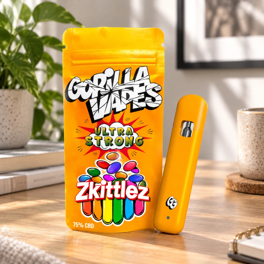 Vaporizador amarillo junto a una bolsa del mismo color con los textos «Gorilla Vapes», «Zkittlez» y «75% CBD», sobre una mesa de madera.
