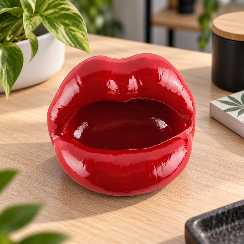 Cenicero Red Lips rojo brillante con forma de labios abiertos y cavidad central visible, sobre una mesa de madera junto a una planta.