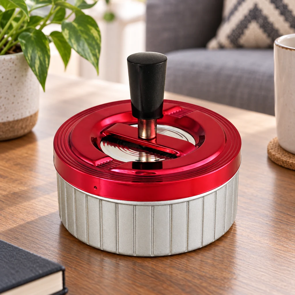 Cenicero redondo con cuerpo plateado acanalado, tapa roja y pulsador negro central, sobre una mesa de madera junto a una taza.