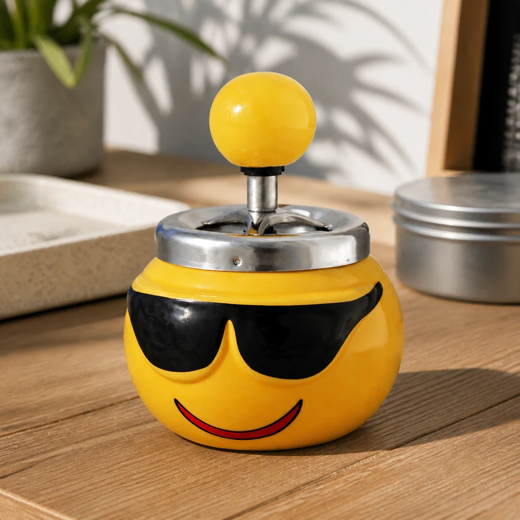 Cenicero amarillo con cara sonriente y gafas negras, tapa metálica y pulsador esférico amarillo, sobre una mesa de madera.