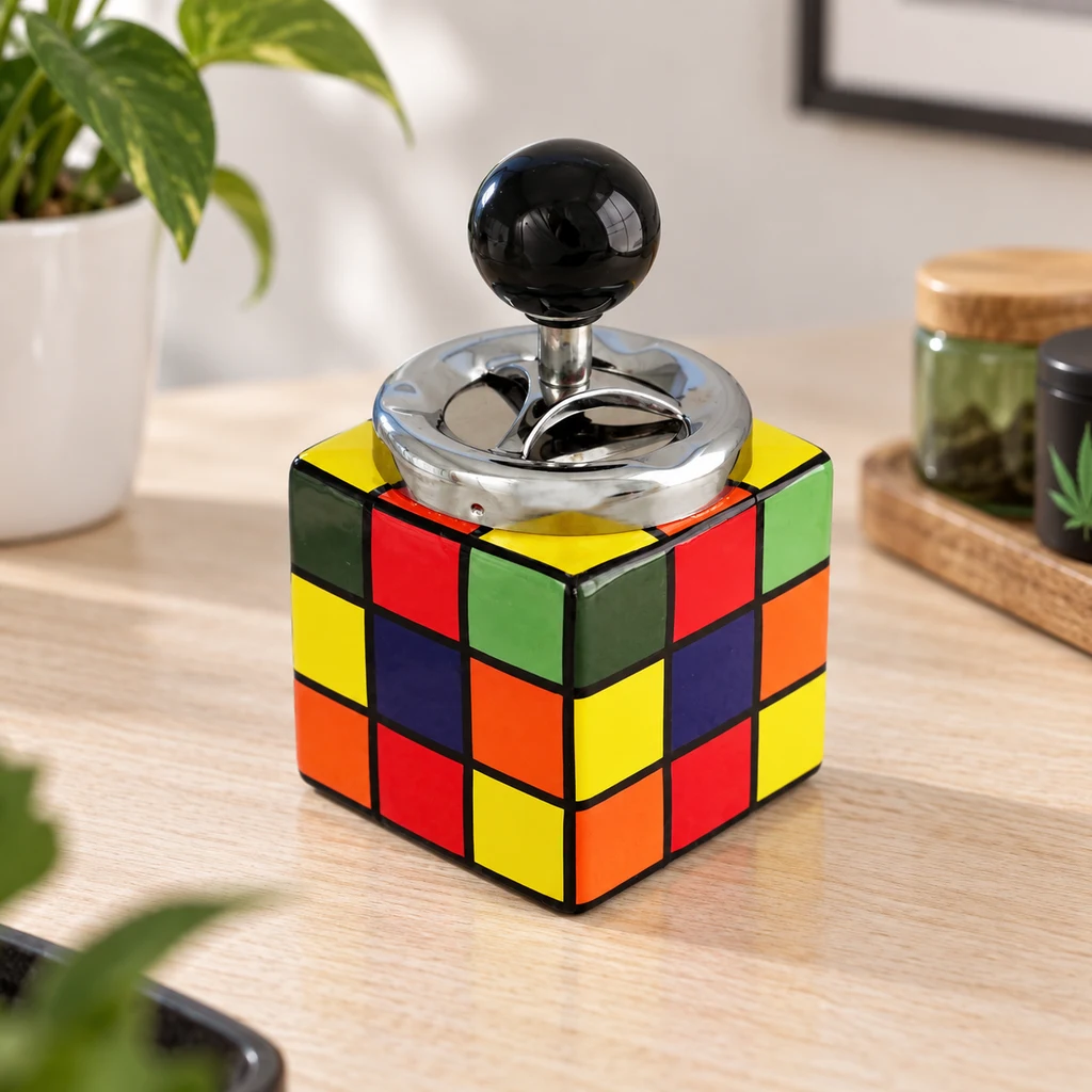 Cenicero cúbico Rubik con casillas multicolores, tapa metálica brillante y pulsador esférico negro, sobre una mesa de madera.
